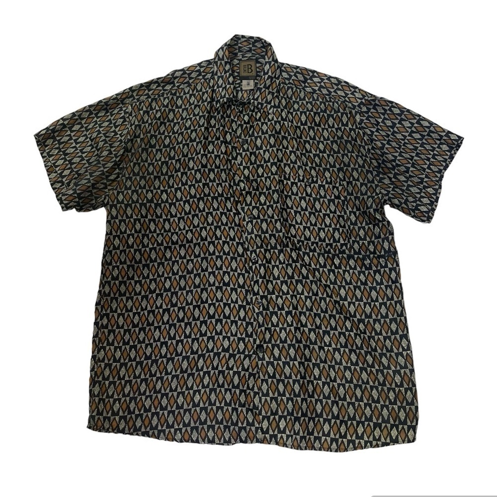 Bruno Vintage Black Geometric Linen Short Sleeves Shirt US L